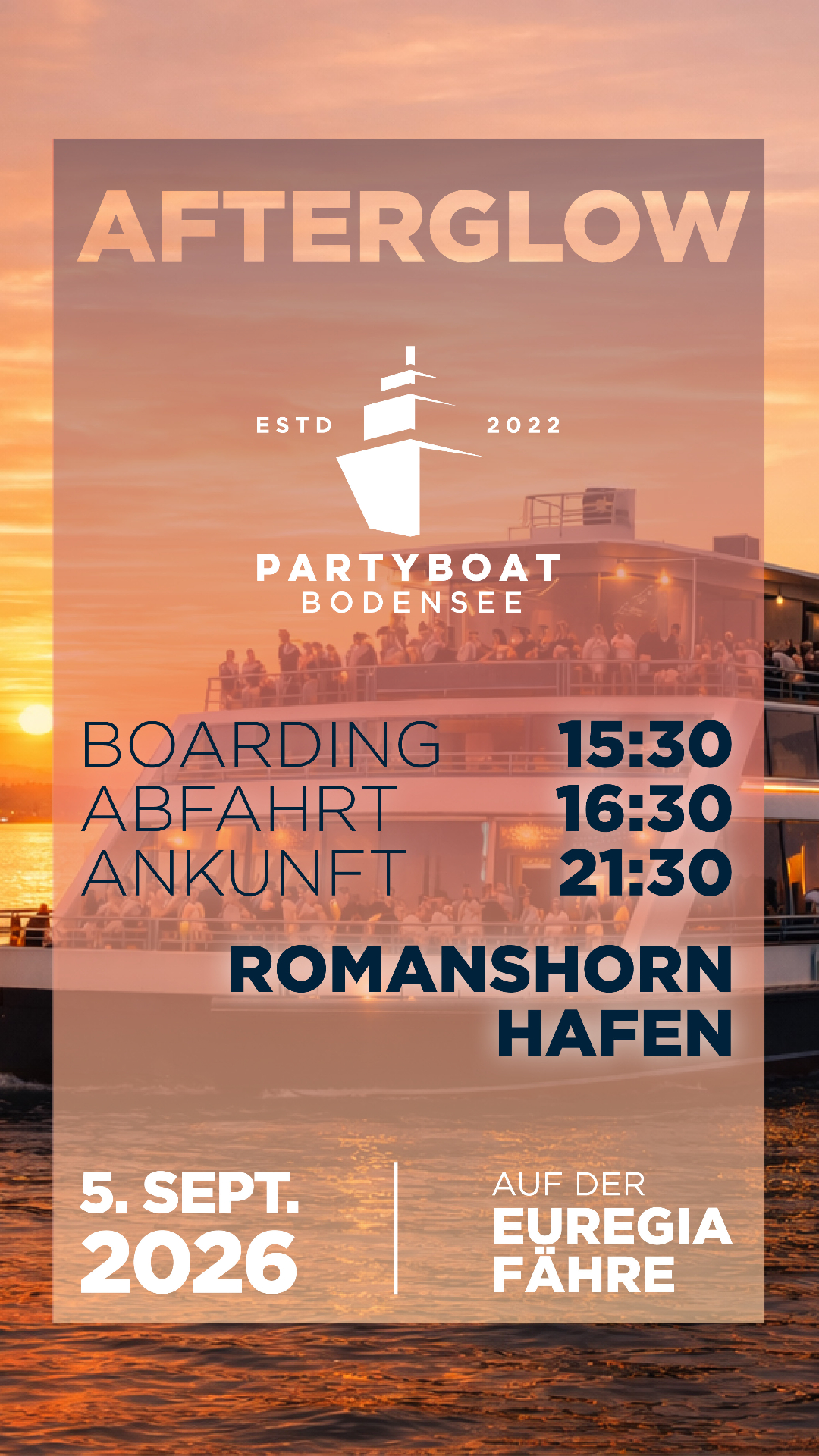 Partyboat Bodensee Afterglow – 5. September 2026 – Romanshorn Hafen